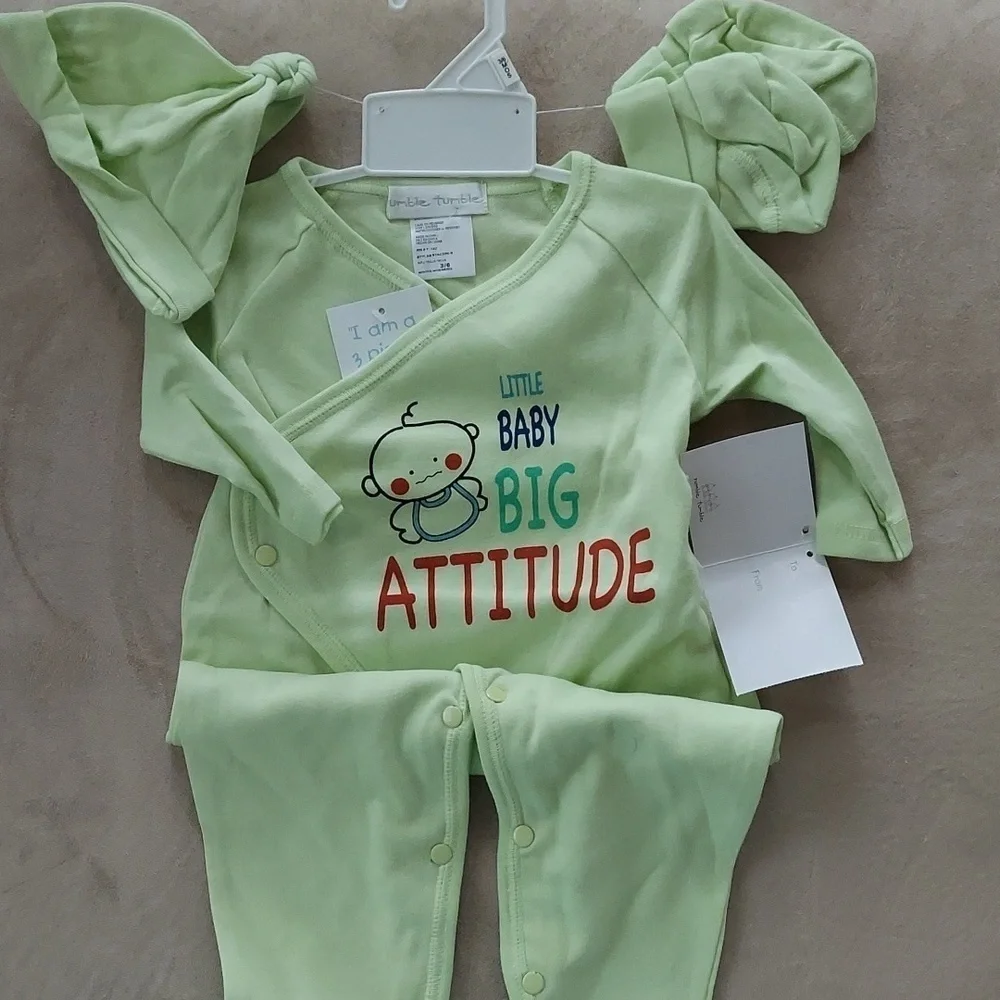 Rumble Tumble 3pc set - bodysuit cap mittens - green baby big attitude - 3-6mos